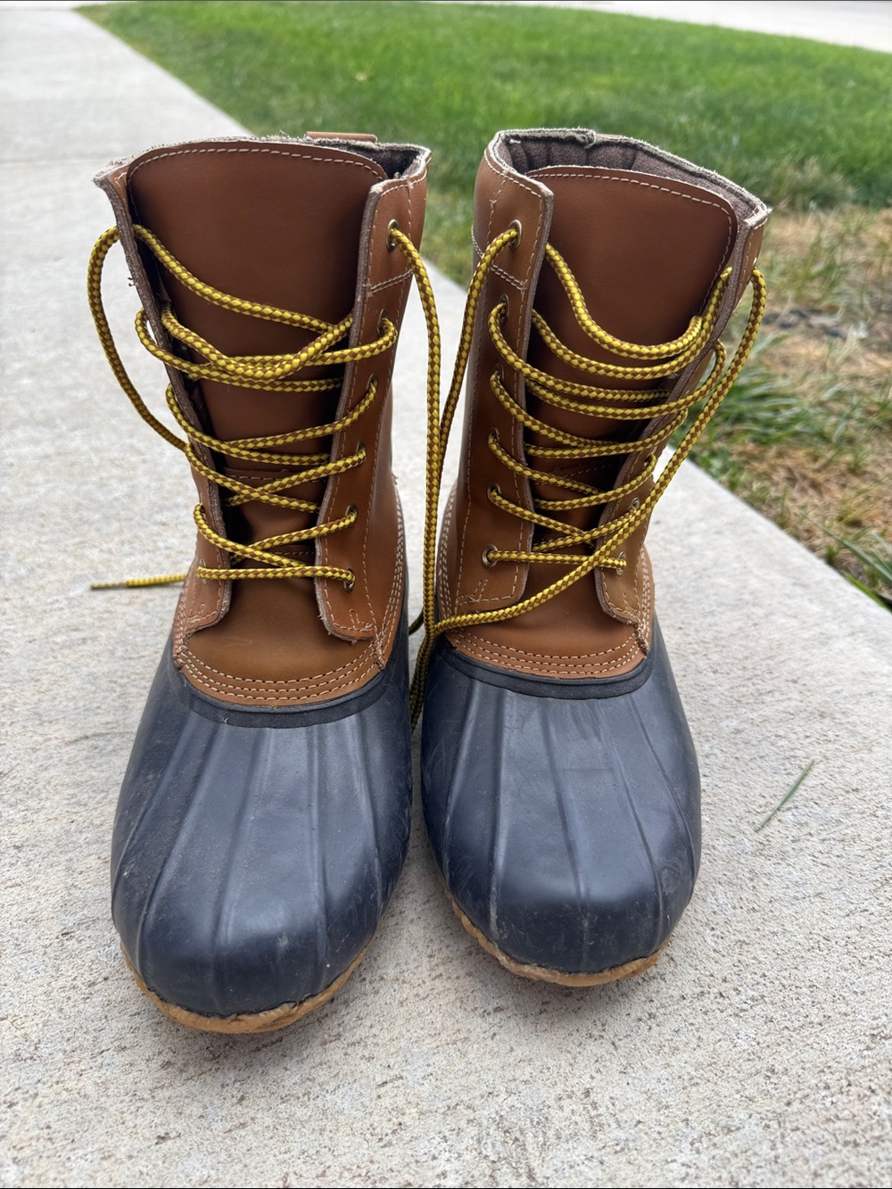 Lands' End Brown Leather & Black Rubber Duck Boots with Yellow Laces